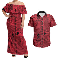 Papua New Guinea Heritage Motif Couples Matching Off Shoulder Maxi Dress and Hawaiian Shirt Red Version LT05 Red - Polynesian Pride