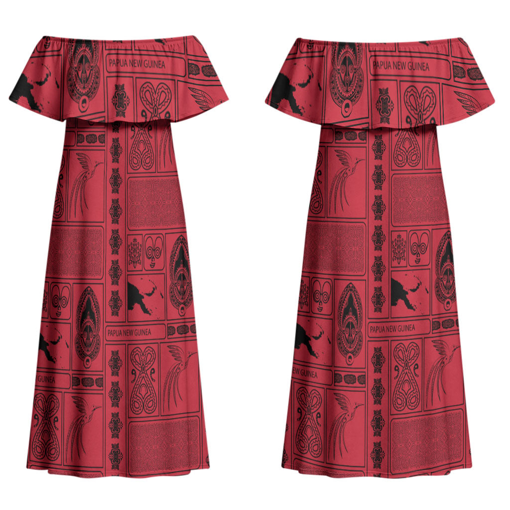 Papua New Guinea Heritage Motif Couples Matching Off Shoulder Maxi Dress and Hawaiian Shirt Red Version LT05 - Polynesian Pride