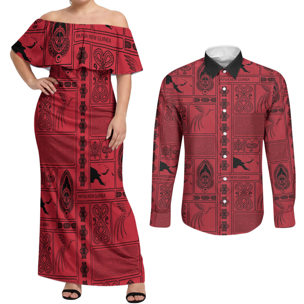 Papua New Guinea Heritage Motif Couples Matching Off Shoulder Maxi Dress and Long Sleeve Button Shirt Red Version LT05 Red - Polynesian Pride