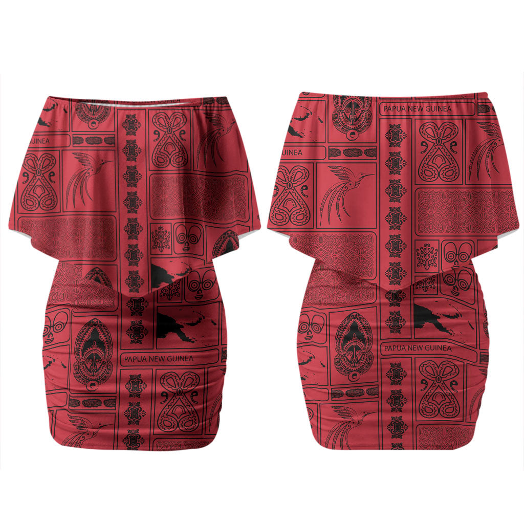 Papua New Guinea Heritage Motif Couples Matching Off Shoulder Short Dress and Hawaiian Shirt Red Version LT05 - Polynesian Pride