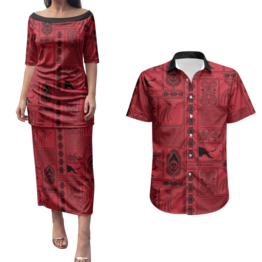 Papua New Guinea Heritage Motif Couples Matching Puletasi and Hawaiian Shirt Red Version LT05 Red - Polynesian Pride