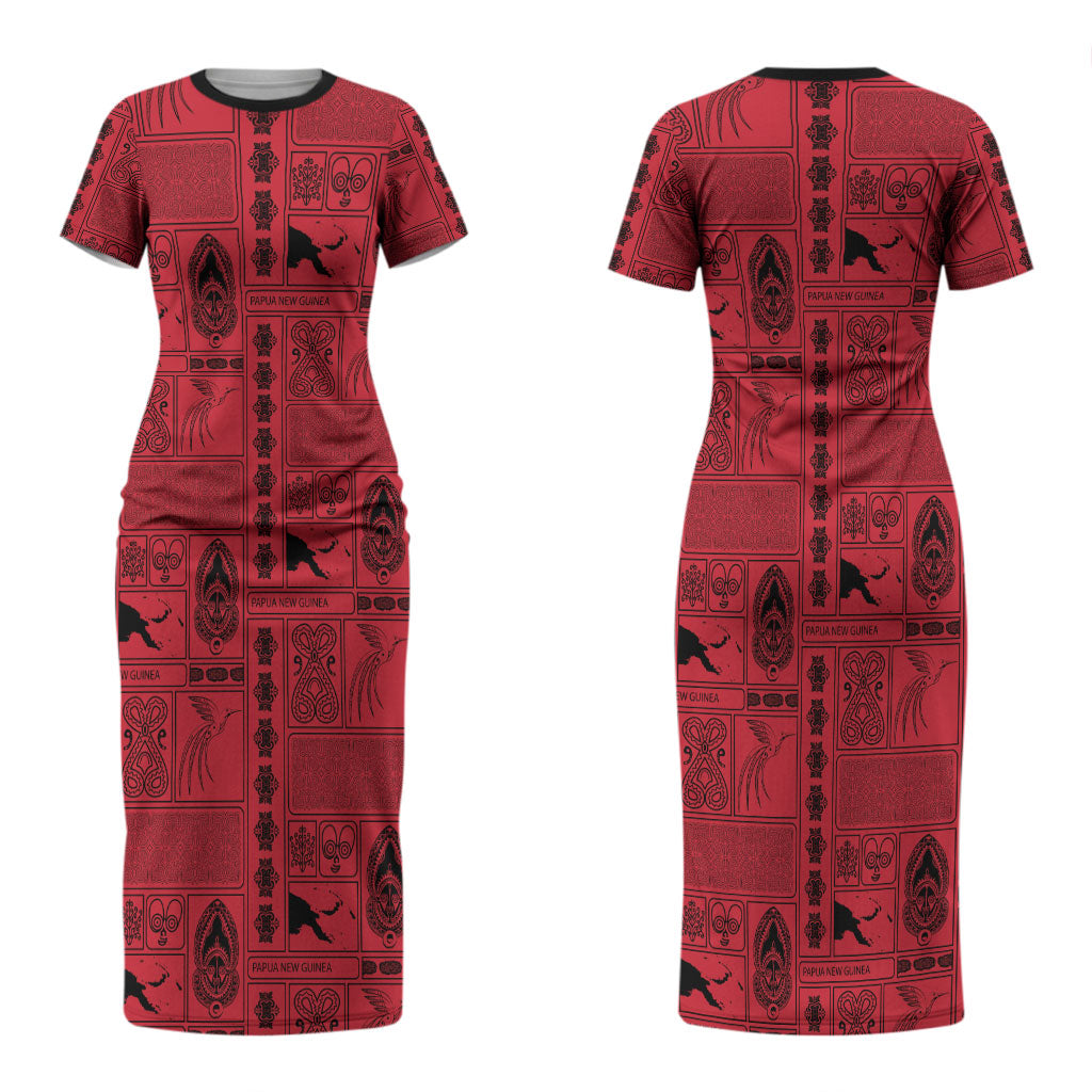 Papua New Guinea Heritage Motif Couples Matching Short Sleeve Bodycon Dress and Long Sleeve Button Shirt Red Version LT05 - Polynesian Pride