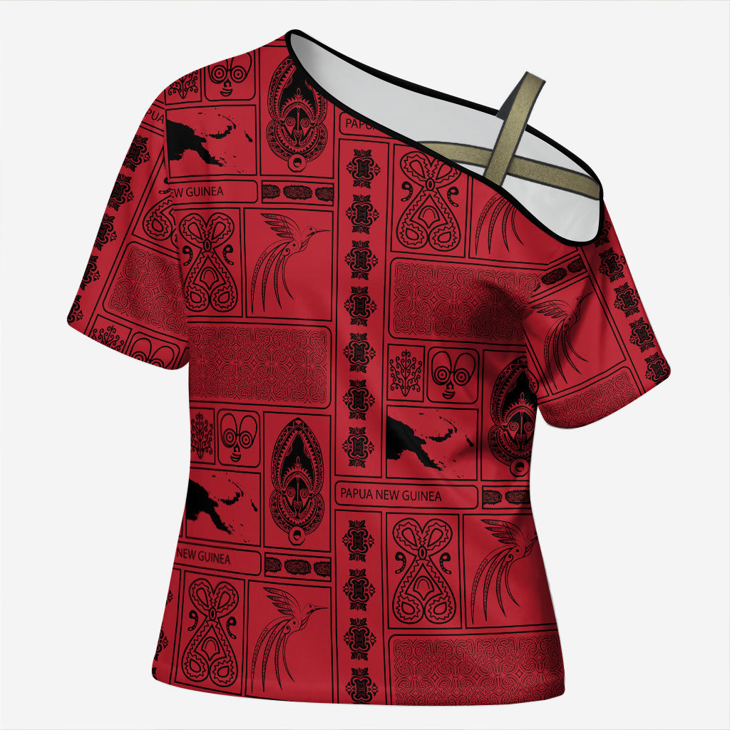 Papua New Guinea Heritage Motif Cross Shoulder Shirt Red Version LT05 Female Red - Polynesian Pride