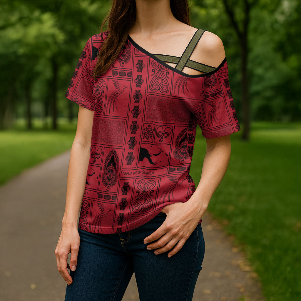 Papua New Guinea Heritage Motif Cross Shoulder Shirt Red Version LT05 - Polynesian Pride