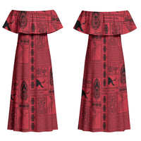 Papua New Guinea Heritage Motif Family Matching Off Shoulder Maxi Dress and Hawaiian Shirt Red Version LT05 Mom's Dress Red - Polynesian Pride