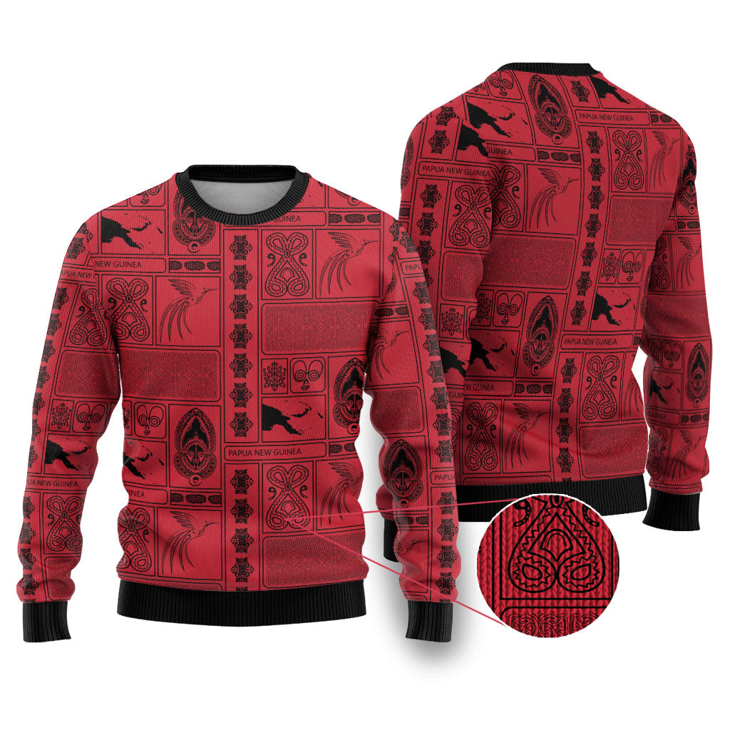 Papua New Guinea Heritage Motif Ugly Christmas Sweater Red Version