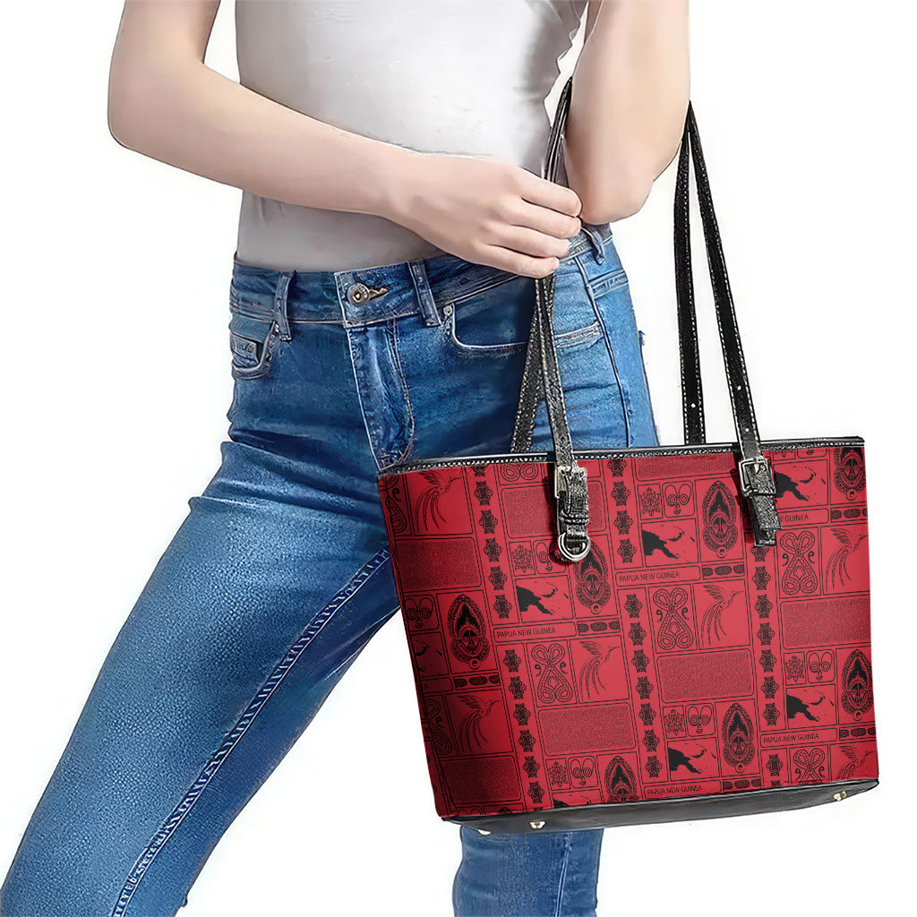 Papua New Guinea Heritage Motif Leather Tote Bag Red Version LT05 - Polynesian Pride