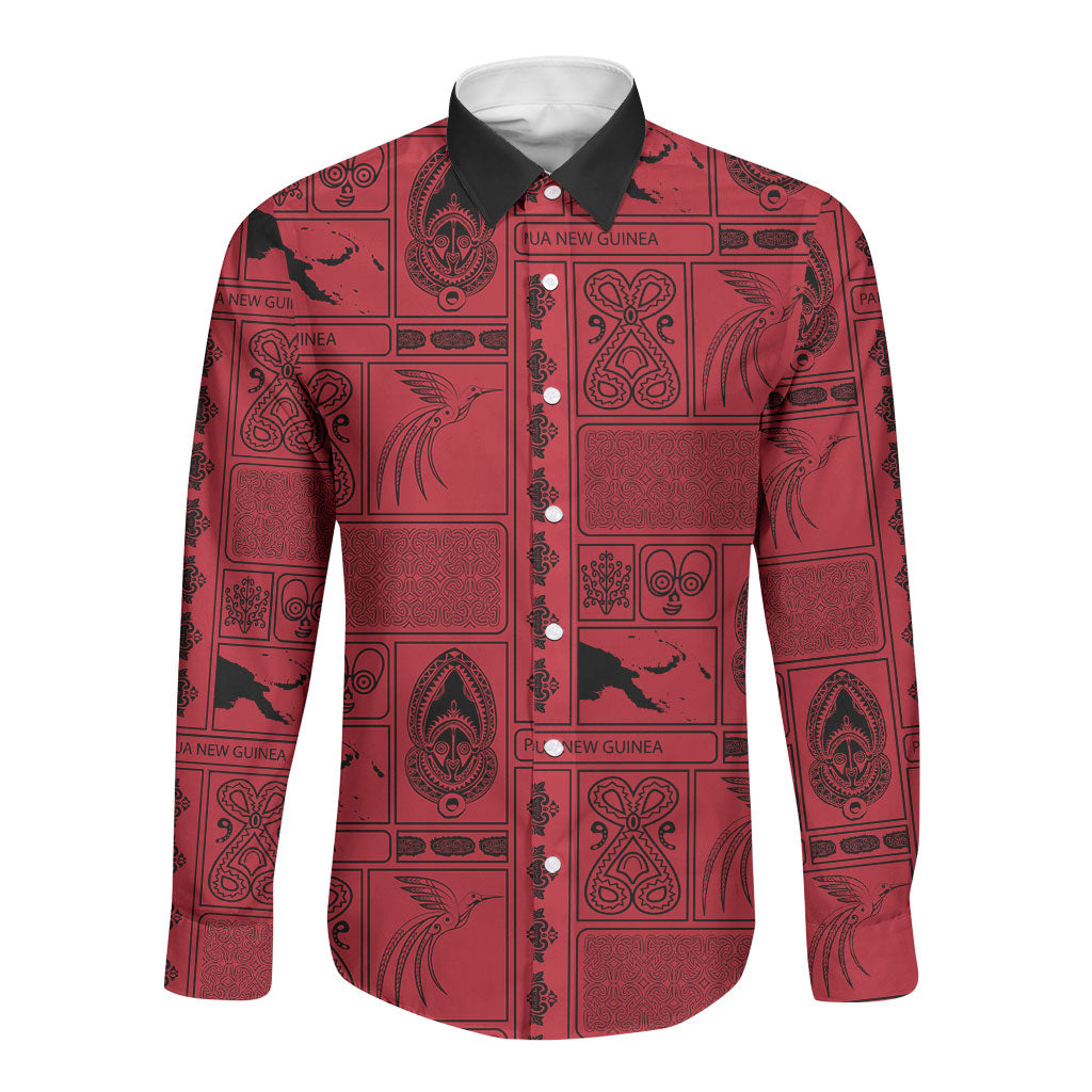 Papua New Guinea Heritage Motif Long Sleeve Button Shirt Red Version LT05 Unisex Red - Polynesian Pride