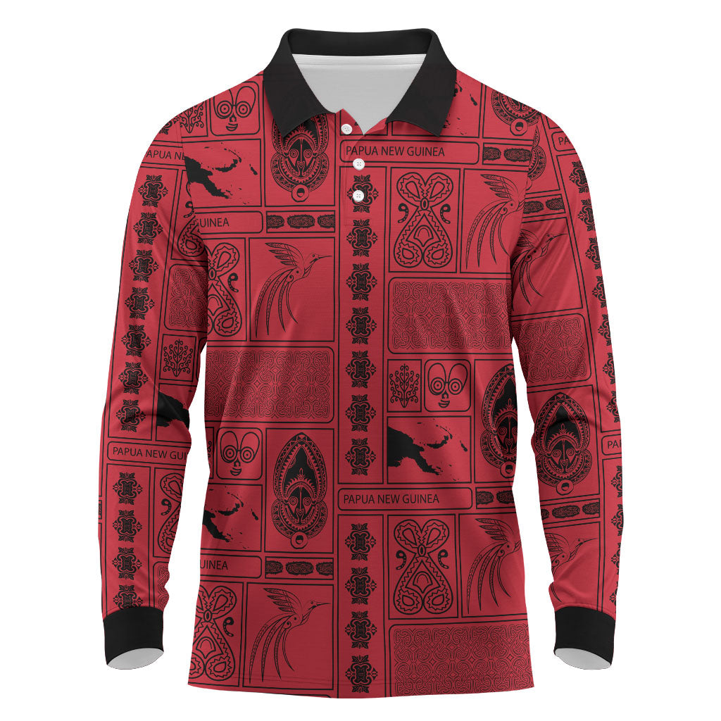 Papua New Guinea Heritage Motif Long Sleeve Polo Shirt Red Version LT05 Red - Polynesian Pride