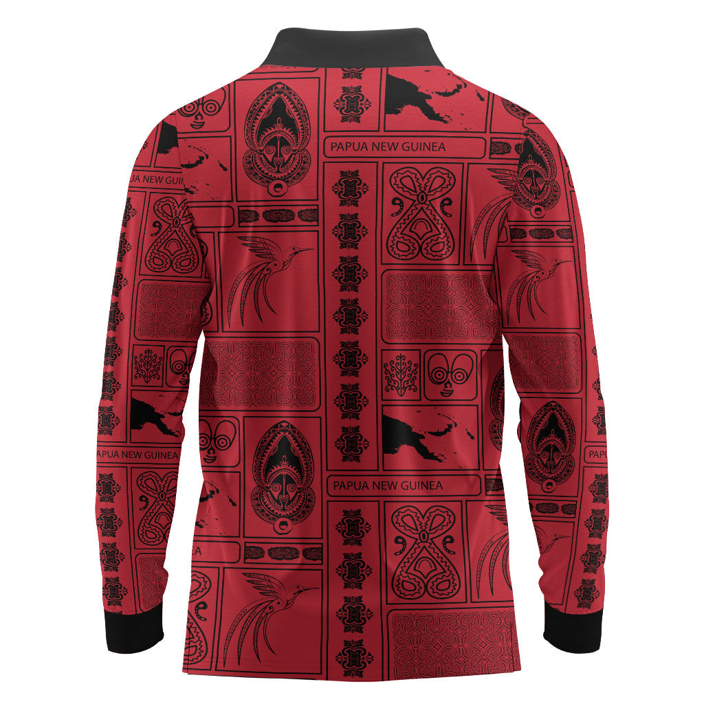 Papua New Guinea Heritage Motif Long Sleeve Polo Shirt Red Version LT05 - Polynesian Pride
