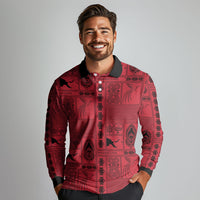 Papua New Guinea Heritage Motif Long Sleeve Polo Shirt Red Version LT05 - Polynesian Pride