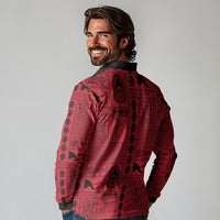 Papua New Guinea Heritage Motif Long Sleeve Polo Shirt Red Version LT05 - Polynesian Pride