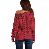 Papua New Guinea Heritage Motif Off Shoulder Sweater Red Version LT05 - Polynesian Pride