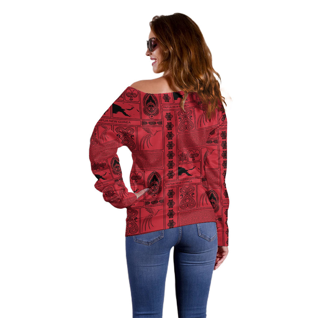 Papua New Guinea Heritage Motif Off Shoulder Sweater Red Version LT05 - Polynesian Pride