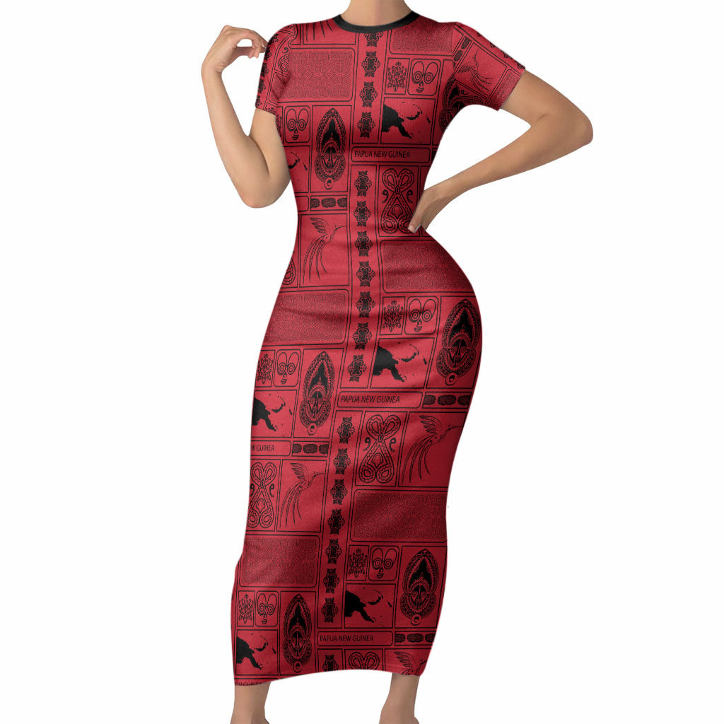 Papua New Guinea Heritage Motif Short Sleeve Bodycon Dress Red Version LT05 Long Dress Red - Polynesian Pride