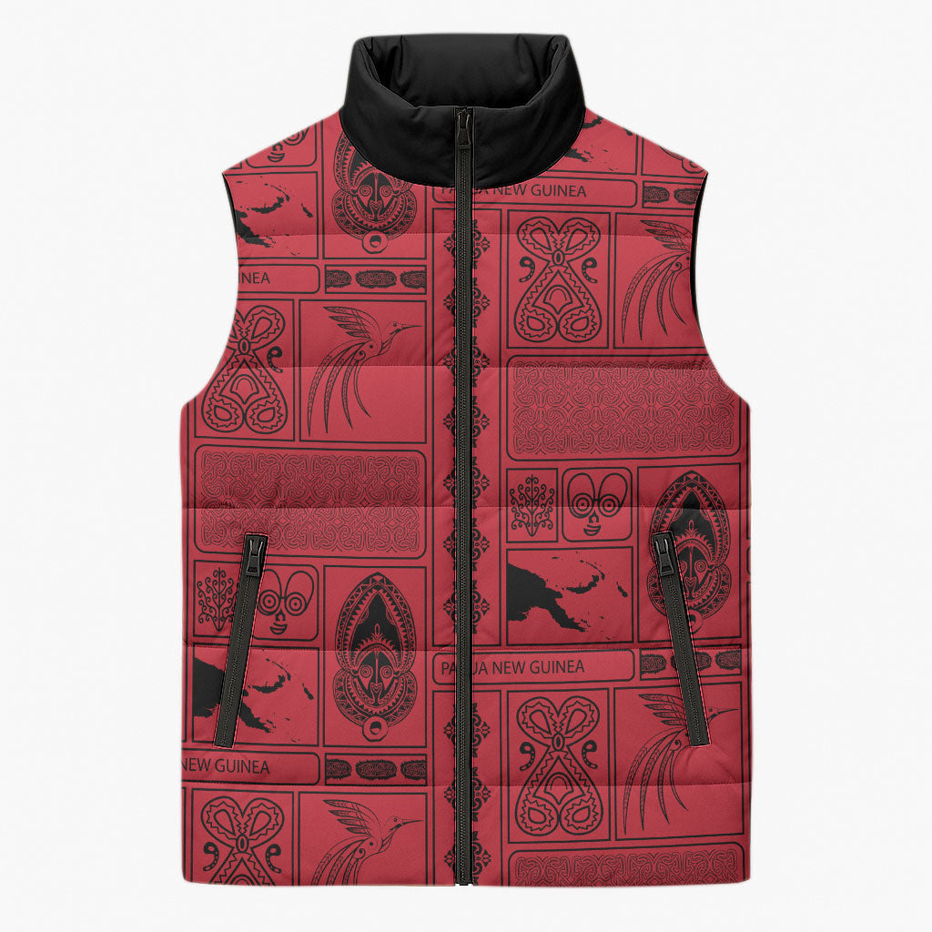 Papua New Guinea Heritage Motif Sleeveless Puffer Jacket Red Version LT05 Unisex Red - Polynesian Pride