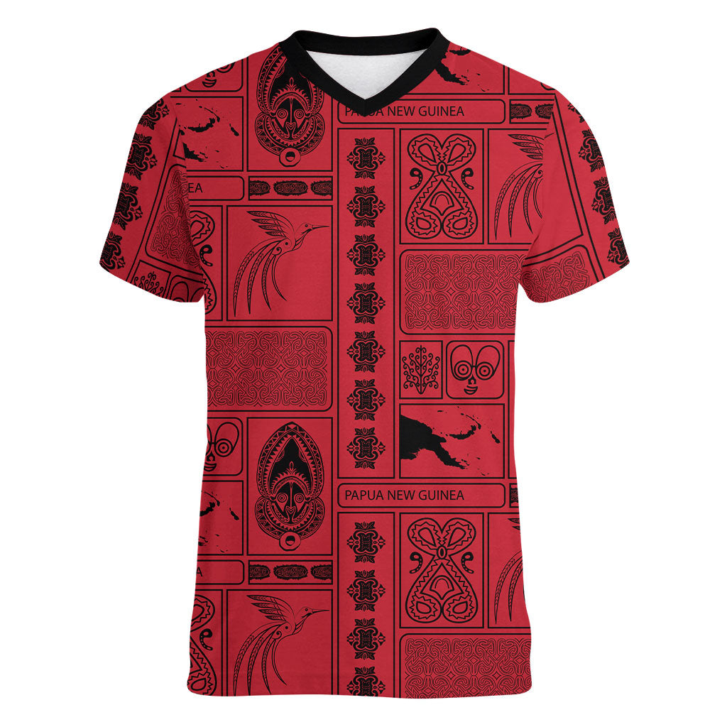 Papua New Guinea Heritage Motif Women V-Neck T-Shirt Red Version LT05 Female Red - Polynesian Pride