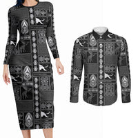 Papua New Guinea Heritage Motif Couples Matching Long Sleeve Bodycon Dress and Long Sleeve Button Shirt Black Version LT05 Black - Polynesian Pride