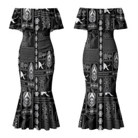 Papua New Guinea Heritage Motif Couples Matching Mermaid Dress and Hawaiian Shirt Black Version LT05 - Polynesian Pride