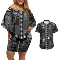 Papua New Guinea Heritage Motif Couples Matching Off Shoulder Short Dress and Hawaiian Shirt Black Version LT05 Black - Polynesian Pride