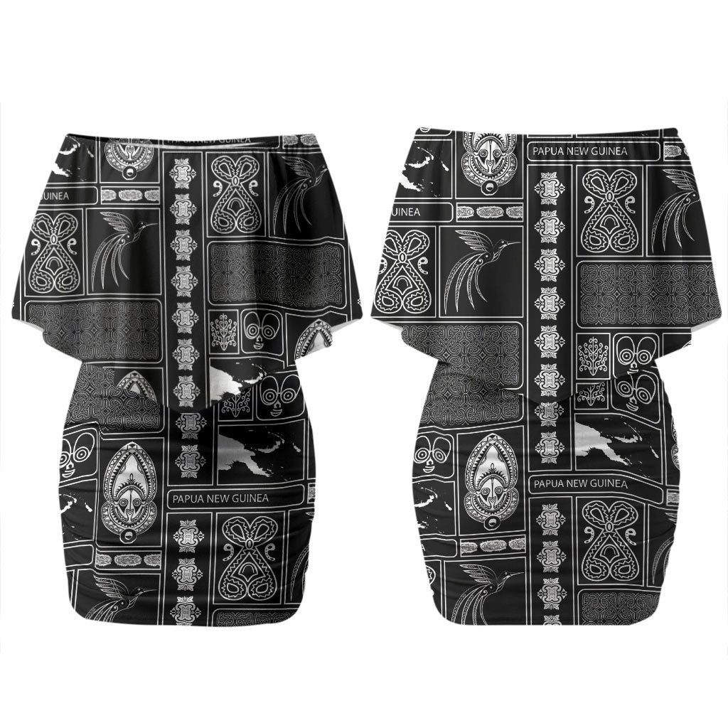 Papua New Guinea Heritage Motif Couples Matching Off Shoulder Short Dress and Hawaiian Shirt Black Version LT05 - Polynesian Pride