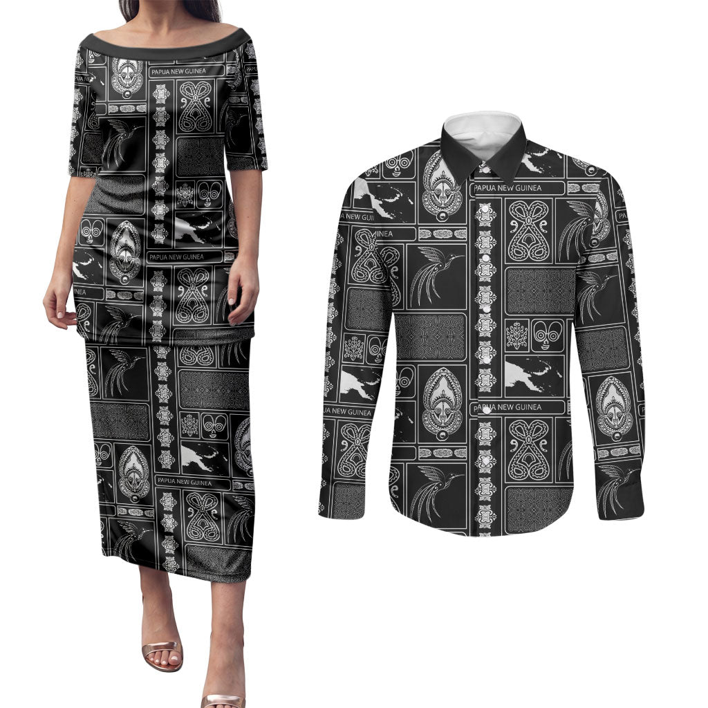 Papua New Guinea Heritage Motif Couples Matching Puletasi and Long Sleeve Button Shirt Black Version LT05 Black - Polynesian Pride