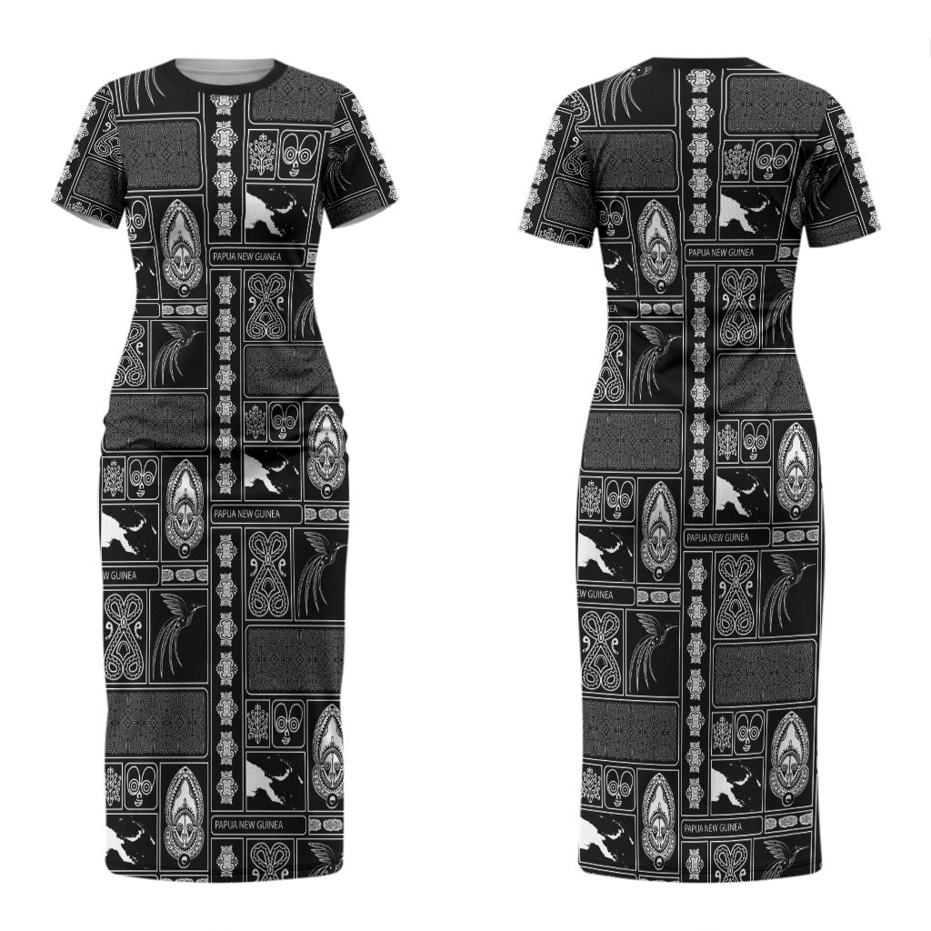 Papua New Guinea Heritage Motif Couples Matching Short Sleeve Bodycon Dress and Long Sleeve Button Shirt Black Version LT05 - Polynesian Pride