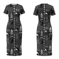 Papua New Guinea Heritage Motif Couples Matching Short Sleeve Bodycon Dress and Long Sleeve Button Shirt Black Version LT05 - Polynesian Pride