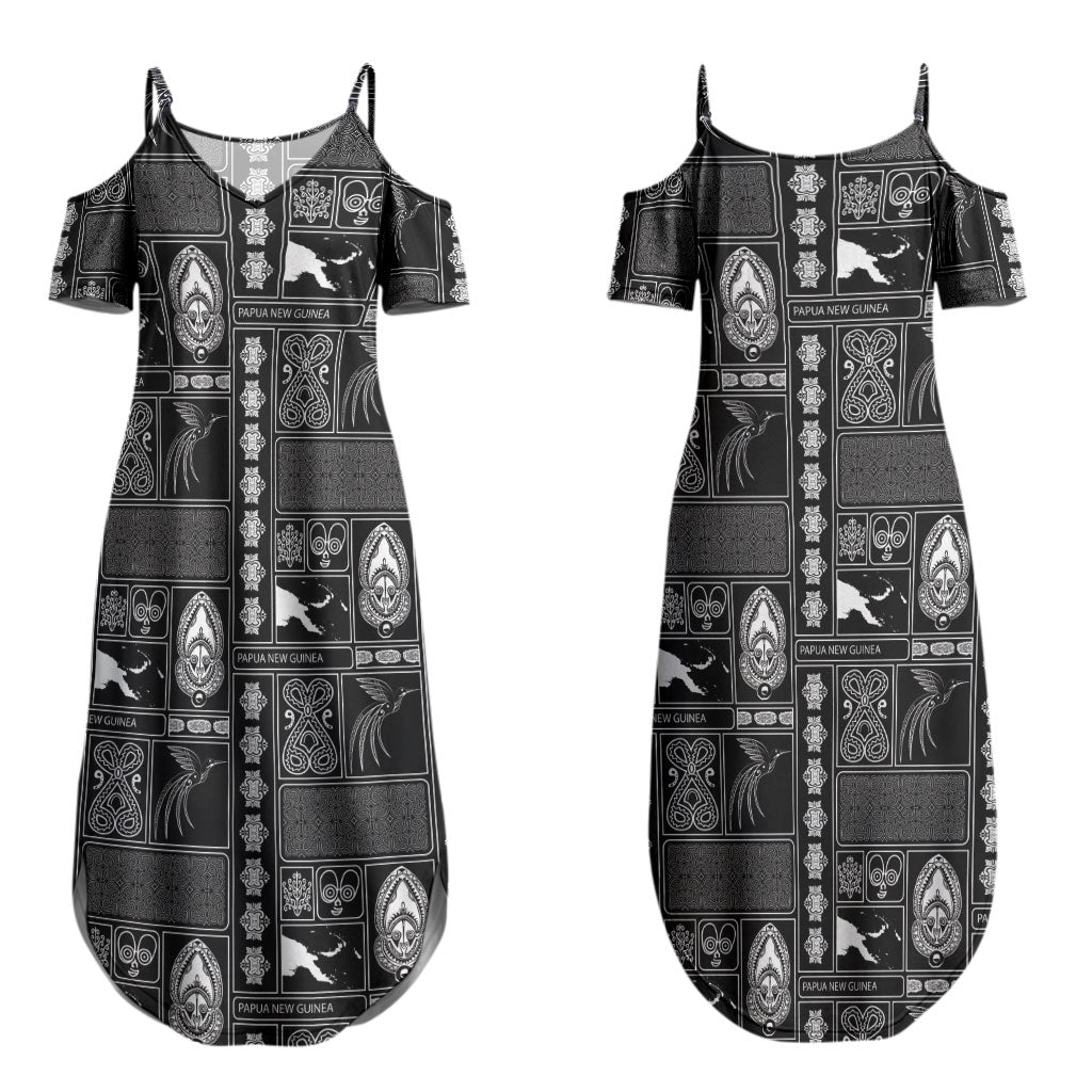 Papua New Guinea Heritage Motif Couples Matching Summer Maxi Dress and Hawaiian Shirt Black Version LT05 - Polynesian Pride
