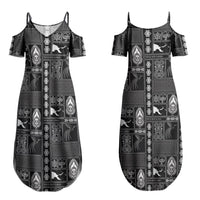 Papua New Guinea Heritage Motif Couples Matching Summer Maxi Dress and Hawaiian Shirt Black Version LT05 - Polynesian Pride