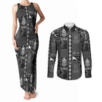 Papua New Guinea Heritage Motif Couples Matching Tank Maxi Dress and Long Sleeve Button Shirt Black Version LT05 Black - Polynesian Pride