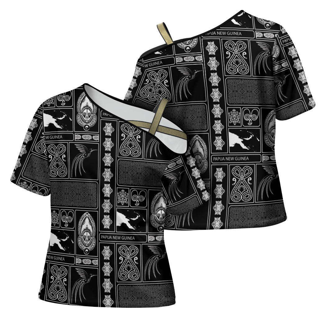 Papua New Guinea Heritage Motif Cross Shoulder Shirt Black Version LT05 - Polynesian Pride