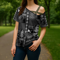 Papua New Guinea Heritage Motif Cross Shoulder Shirt Black Version LT05 - Polynesian Pride
