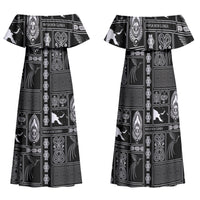 Papua New Guinea Heritage Motif Family Matching Off Shoulder Maxi Dress and Hawaiian Shirt Black Version LT05 Mom's Dress Black - Polynesian Pride