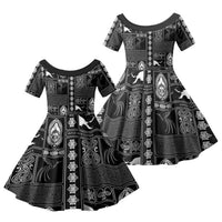 Papua New Guinea Heritage Motif Family Matching Off Shoulder Short Dress and Hawaiian Shirt Black Version LT05 Daughter's Dress Black - Polynesian Pride