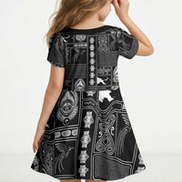Papua New Guinea Heritage Motif Kid Short Sleeve Dress Black Version LT05 - Polynesian Pride