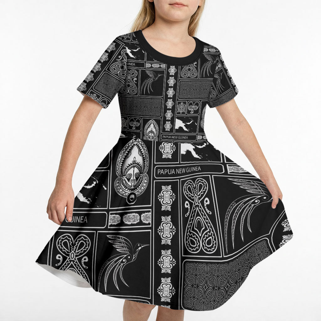 Papua New Guinea Heritage Motif Kid Short Sleeve Dress Black Version LT05 - Polynesian Pride