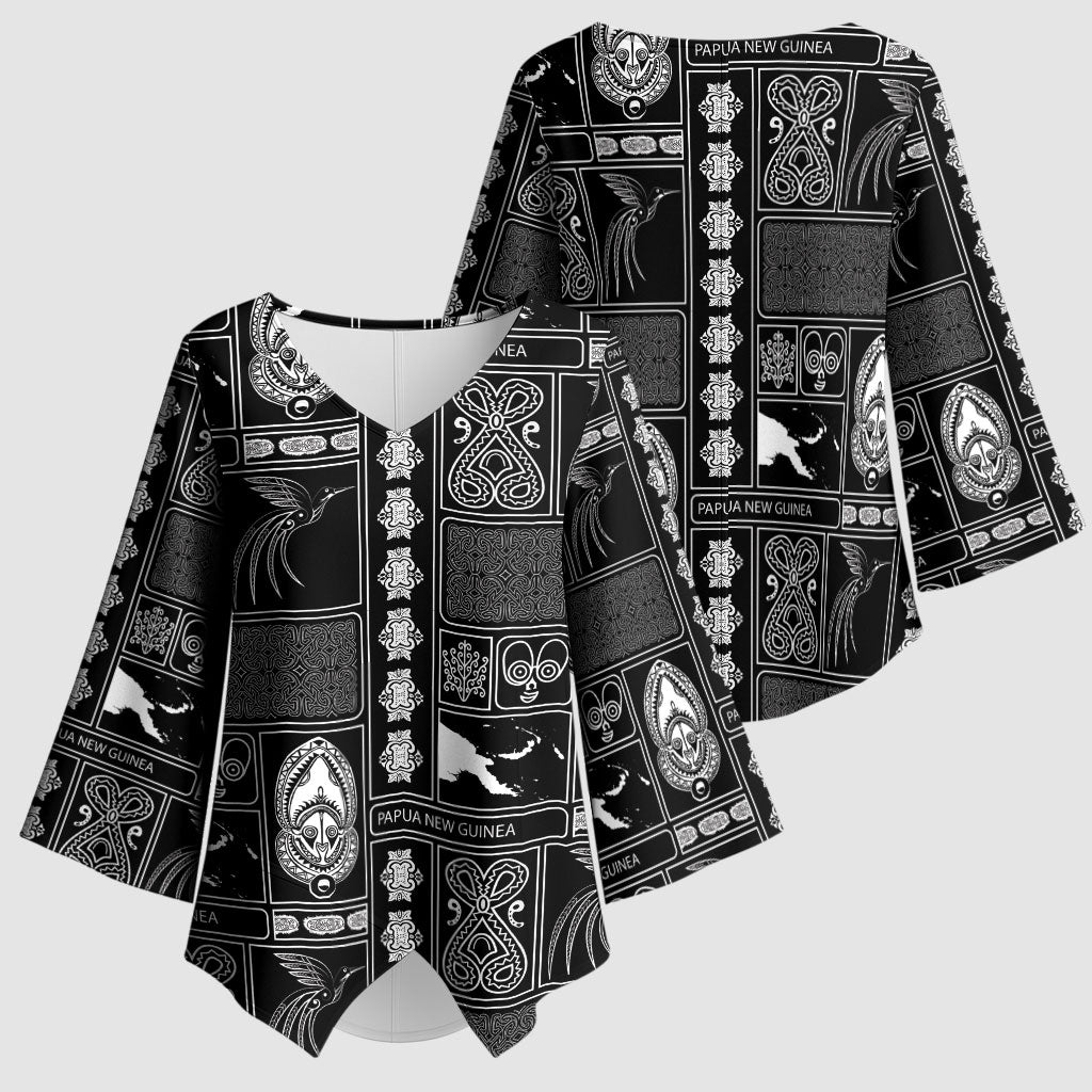 Papua New Guinea Heritage Motif Kimono Sleeve Blouse Black Version LT05 - Polynesian Pride