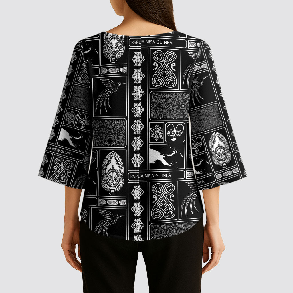Papua New Guinea Heritage Motif Kimono Sleeve Blouse Black Version LT05 - Polynesian Pride