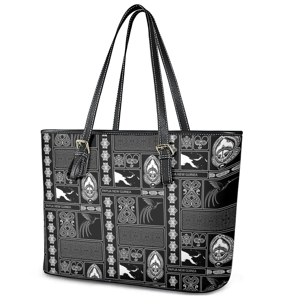 Papua New Guinea Heritage Motif Leather Tote Bag Black Version LT05 - Polynesian Pride