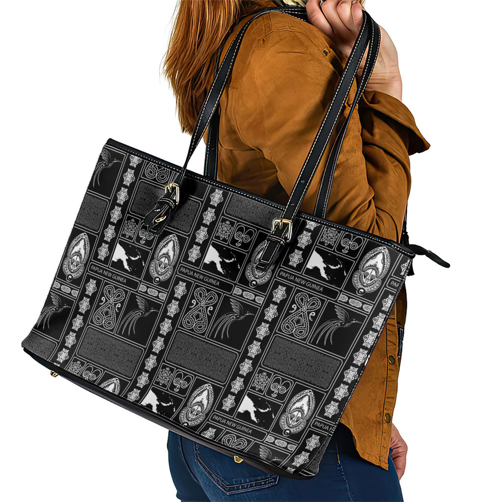 Papua New Guinea Heritage Motif Leather Tote Bag Black Version LT05 - Polynesian Pride