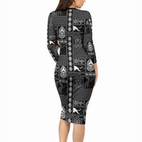 Papua New Guinea Heritage Motif Long Sleeve Bodycon Dress Black Version LT05 - Polynesian Pride