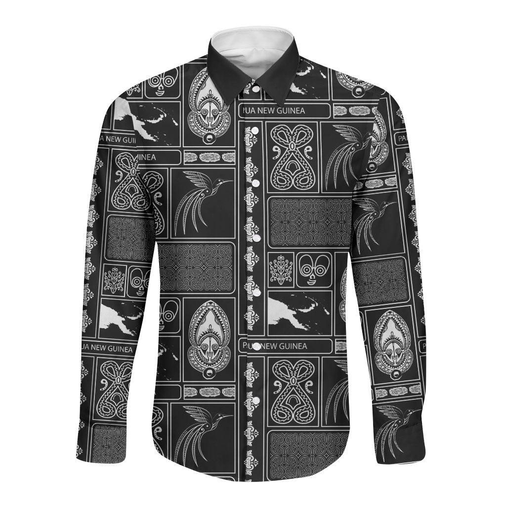Papua New Guinea Heritage Motif Long Sleeve Button Shirt Black Version LT05 Unisex Black - Polynesian Pride