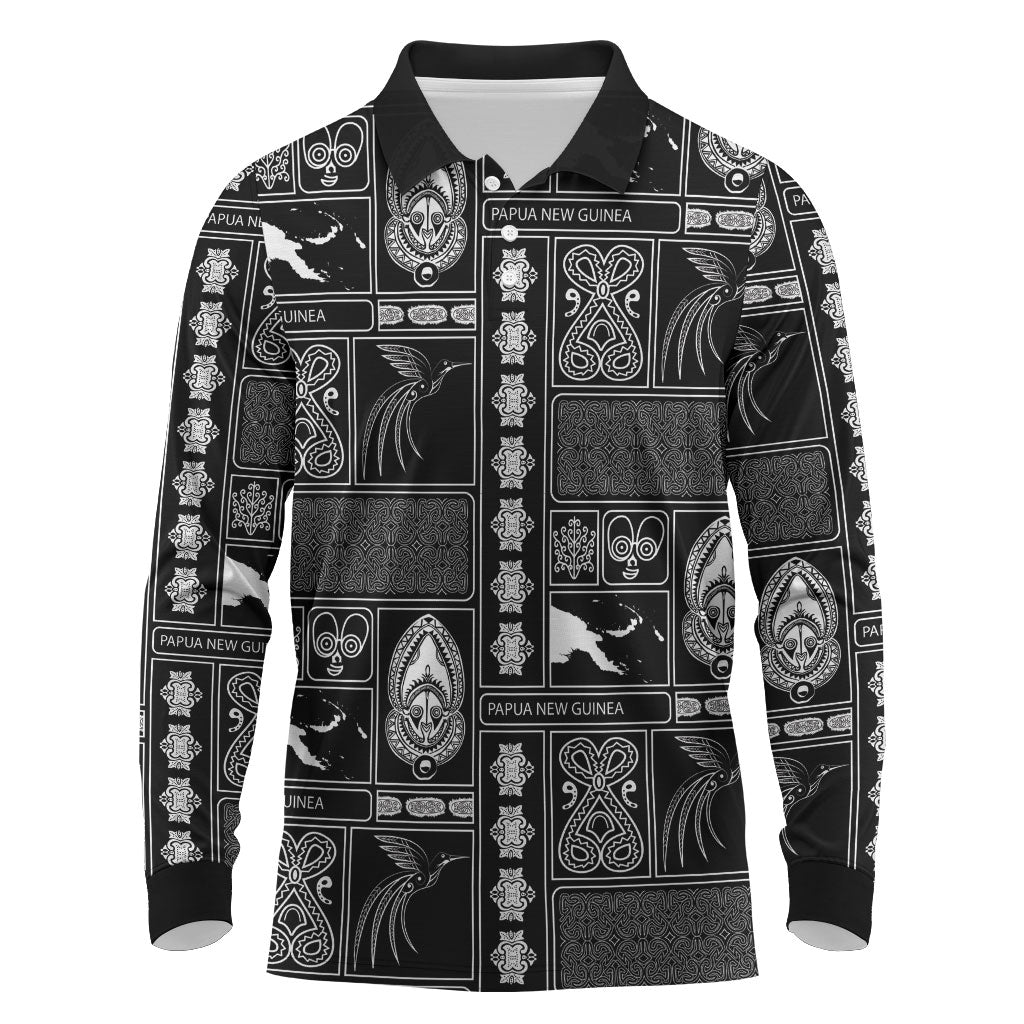 Papua New Guinea Heritage Motif Long Sleeve Polo Shirt Black Version LT05 Black - Polynesian Pride