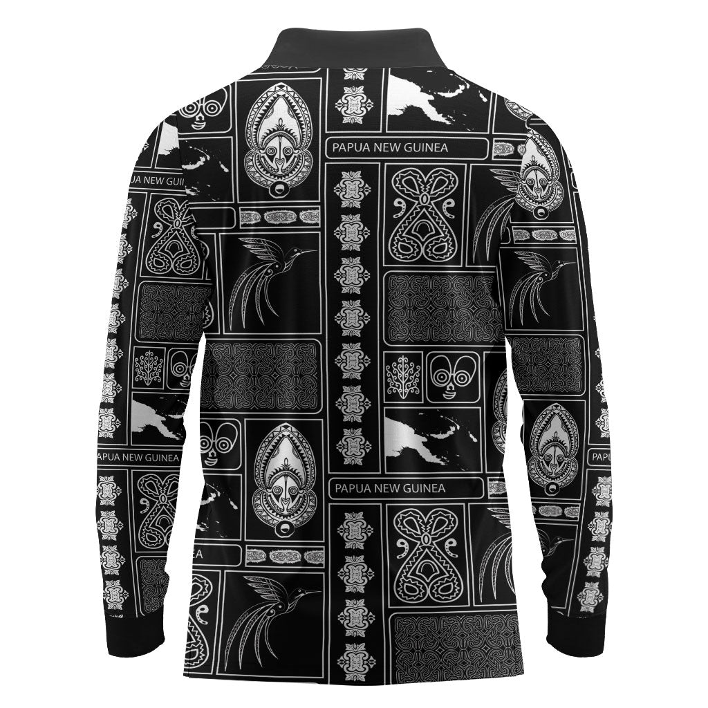 Papua New Guinea Heritage Motif Long Sleeve Polo Shirt Black Version LT05 - Polynesian Pride