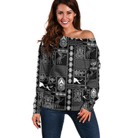 Papua New Guinea Heritage Motif Off Shoulder Sweater Black Version LT05 Women Black - Polynesian Pride
