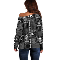 Papua New Guinea Heritage Motif Off Shoulder Sweater Black Version LT05 - Polynesian Pride