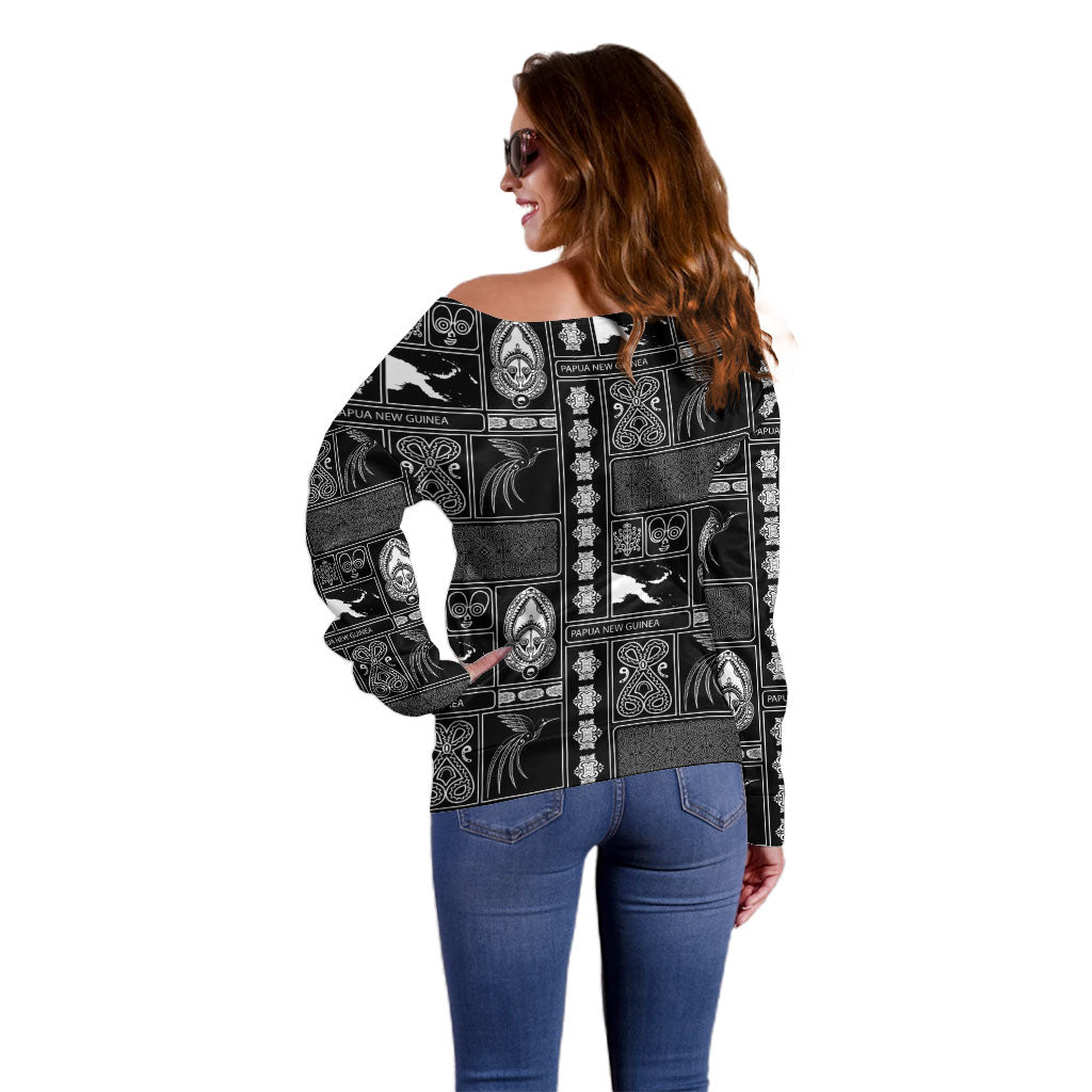 Papua New Guinea Heritage Motif Off Shoulder Sweater Black Version LT05 - Polynesian Pride