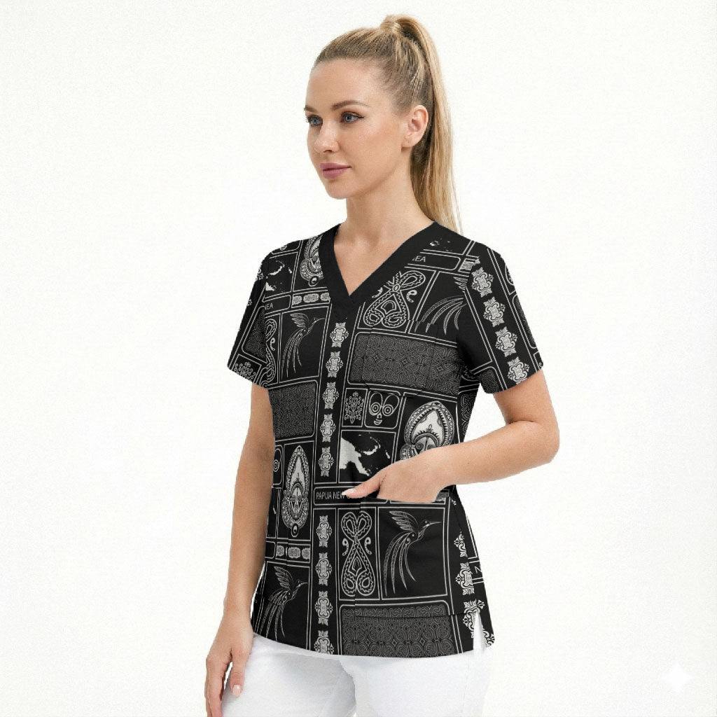 Papua New Guinea Heritage Motif Scrub Top Black Version LT05 - Polynesian Pride
