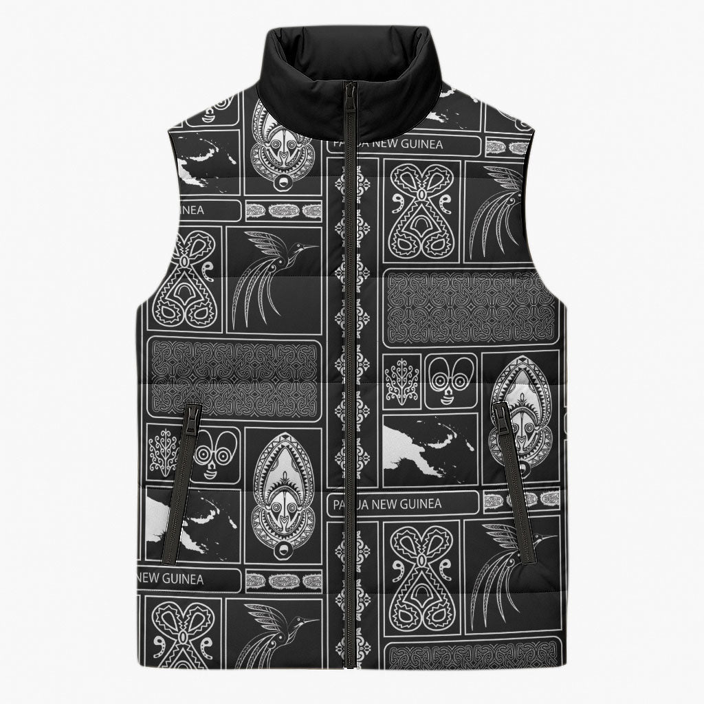 Papua New Guinea Heritage Motif Sleeveless Puffer Jacket Black Version LT05 Unisex Black - Polynesian Pride